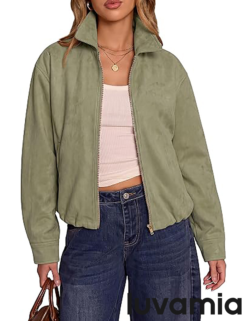 luvamia Faux Suede Jackets for Women Oversized Fall Coats Cropped Outerwear Zip Up, Long Sleeve, Slash Pockets, Modern Western Boho, Lapel Collar, Oversized Bomber Jacket, Drop Shoulder, Gathered Hem