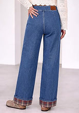 luvamia FleXclusive Wide Leg Jeans for Women Plaid Cuffed Hem Denim Pants High Waisted Button Zipper Closure, Relax Daily Fit, Contrast Hem Panel, Western Outfit, Vertical Seam Stitch, Full Length, Stretchy Denim