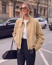 luvamia Faux Suede Jackets Women Oversized Cropped Funnel Neck Zip Up Coats Soft Faux Suede, Stand Collar, Loose Fit, Front Zipper, Modern Bomber Silhouette & Adjustable Hem, Fall Essential Outerwear