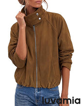luvamia Faux Suede Jackets Women Oversized Cropped Funnel Neck Zip Up Coats Soft Faux Suede, Stand Collar, Loose Fit, Front Zipper, Modern Bomber Silhouette & Adjustable Hem, Fall Essential Outerwear