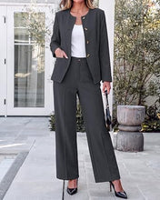 luvamia Pants Suits for Women Dressy 2 Piece Sets Business Casual Outfits Long Sleeve Collarless Blazers, Elastic Waist Wide Leg Pants, Adjustable Back Buckle‌, Professional Work Office Pantsuits