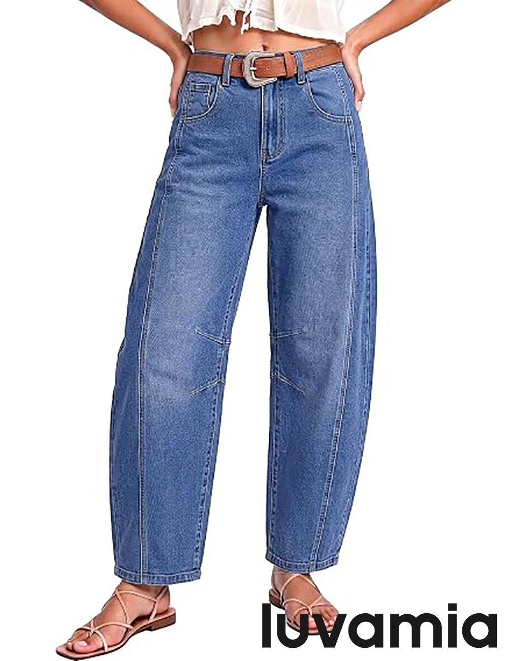 luvamia FleXcLusive Barrel Jeans Women Trendy High Waisted Wide Leg Baggy Denim Pants Adjustable Back Cinched Waist, Front Seam Jeans, Ankle Length, Stretchy Jeans for Women, 28 Inch Inseam, Casual Fall Outfit