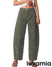 luvamia Barrel Jeans Women Deer Print High Waisted Patterned Denim Pants Knee Darts, 27.5" Inseam, Stretchy, Patterned Pants, Deer Fawn Print, Baggy Jeans Y2K, Speckled Dots, Concert Outfits Women
