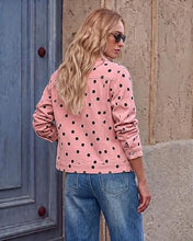 luvamia Jean Jacket Women Polka Dot Fall Stretch Denim Jacket With Pockets Classic Trucker Silhouette, Slightly Cropped Fit, Chest Flap Pockets, Button Front, Country Concert, Fall Outfits for Women