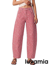 luvamia Barrel Jeans Women Deer Print High Waisted Patterned Denim Pants Knee Darts, 27.5" Inseam, Stretchy, Patterned Pants, Deer Fawn Print, Baggy Jeans Y2K, Speckled Dots, Concert Outfits Women