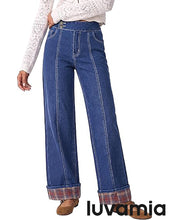 luvamia FleXclusive Wide Leg Jeans for Women Plaid Cuffed Hem Denim Pants High Waisted Button Zipper Closure, Relax Daily Fit, Contrast Hem Panel, Western Outfit, Vertical Seam Stitch, Full Length, Stretchy Denim