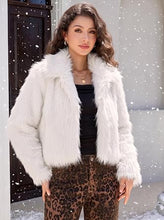 luvamia Faux Fur Jackets for Women Shaggy Crop Coats Fall Winter Outerwear Hook Closure, Long Sleeve, Lapel Collar, Date Night Outfit, Drop Shoulder, Clean Front Design, Long Pile Texture, Solid Color
