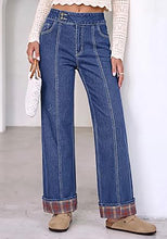 luvamia FleXclusive Wide Leg Jeans for Women Plaid Cuffed Hem Denim Pants High Waisted Button Zipper Closure, Relax Daily Fit, Contrast Hem Panel, Western Outfit, Vertical Seam Stitch, Full Length, Stretchy Denim