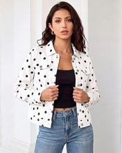 luvamia Jean Jacket Women Polka Dot Fall Stretch Denim Jacket With Pockets Classic Trucker Silhouette, Slightly Cropped Fit, Chest Flap Pockets, Button Front, Country Concert, Fall Outfits for Women