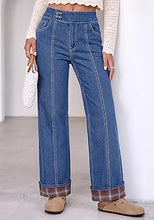 luvamia FleXclusive Wide Leg Jeans for Women Plaid Cuffed Hem Denim Pants High Waisted Button Zipper Closure, Relax Daily Fit, Contrast Hem Panel, Western Outfit, Vertical Seam Stitch, Full Length, Stretchy Denim