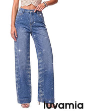 luvamia FleXclusive Wide Leg Rhinestone Jeans for Women High Waist Stretchy Denim Pants Sparkly Bling Jeans, Rhinestone Embellished, Baggy Straight Leg, 29.5" Inch Inseam, Trendy, Party, Night Out, Concert Outfits