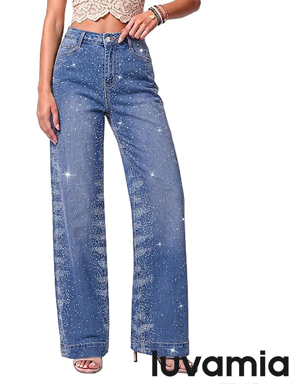 luvamia FleXclusive Wide Leg Rhinestone Jeans for Women High Waist Stretchy Denim Pants Sparkly Bling Jeans, Rhinestone Embellished, Baggy Straight Leg, 29.5