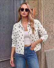 luvamia Jean Jacket Women Polka Dot Fall Stretch Denim Jacket With Pockets Classic Trucker Silhouette, Slightly Cropped Fit, Chest Flap Pockets, Button Front, Country Concert, Fall Outfits for Women