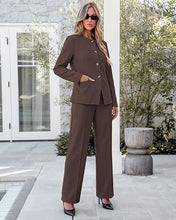 luvamia Pants Suits for Women Dressy 2 Piece Sets Business Casual Outfits Long Sleeve Collarless Blazers, Elastic Waist Wide Leg Pants, Adjustable Back Buckle‌, Professional Work Office Pantsuits