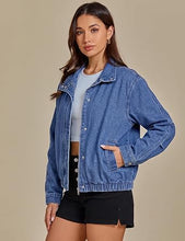 luvamia Jean Jacket Women Funnel Neck Zip Up Oversized Casual Denim Jackets Long Sleeve Short Jackets for Women, Elastic Hem Detail, Side Slant Pockets, Drop Shoulder, No Stretch, Western Fall Outfits