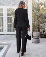 luvamia Pants Suits for Women Dressy 2 Piece Sets Business Casual Outfits Long Sleeve Collarless Blazers, Elastic Waist Wide Leg Pants, Adjustable Back Buckle‌, Professional Work Office Pantsuits
