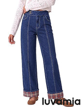 luvamia FleXclusive Wide Leg Jeans for Women Plaid Cuffed Hem Denim Pants High Waisted Button Zipper Closure, Relax Daily Fit, Contrast Hem Panel, Western Outfit, Vertical Seam Stitch, Full Length, Stretchy Denim