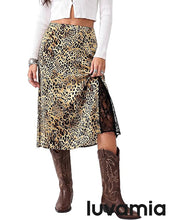 luvamia Satin Skirts for Women Leopard Slit Lace Trim A Line Midi Skirt Hidden Elastic Waistband, High Waisted Stretchy Slip Skirt, Flowy Animal Cheetah Print, Casual Side Split Bias Cut Skirts