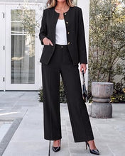 luvamia Pants Suits for Women Dressy 2 Piece Sets Business Casual Outfits Long Sleeve Collarless Blazers, Elastic Waist Wide Leg Pants, Adjustable Back Buckle‌, Professional Work Office Pantsuits