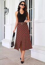 luvamia Plaid Midi Skirts for Women High Waist A-Line Fall Skirt with Belt Front Slit Opening, Asymmetrical Front Hem, Overlapping Front Panel, Diagonal Plaid Pattern, Back Elastic Waist, Fall Outfits
