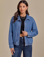 luvamia Jean Jacket Women Funnel Neck Zip Up Oversized Casual Denim Jackets Long Sleeve Short Jackets for Women, Elastic Hem Detail, Side Slant Pockets, Drop Shoulder, No Stretch, Western Fall Outfits