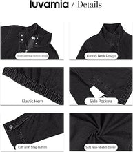 luvamia Jean Jacket Women Funnel Neck Zip Up Oversized Casual Denim Jackets Long Sleeve Short Jackets for Women, Elastic Hem Detail, Side Slant Pockets, Drop Shoulder, No Stretch, Western Fall Outfits