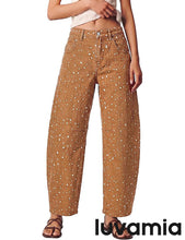 luvamia Barrel Jeans Women Deer Print High Waisted Patterned Denim Pants Knee Darts, 27.5" Inseam, Stretchy, Patterned Pants, Deer Fawn Print, Baggy Jeans Y2K, Speckled Dots, Concert Outfits Women