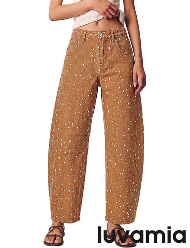 luvamia Barrel Jeans Women Deer Print High Waisted Patterned Denim Pants Knee Darts, 27.5