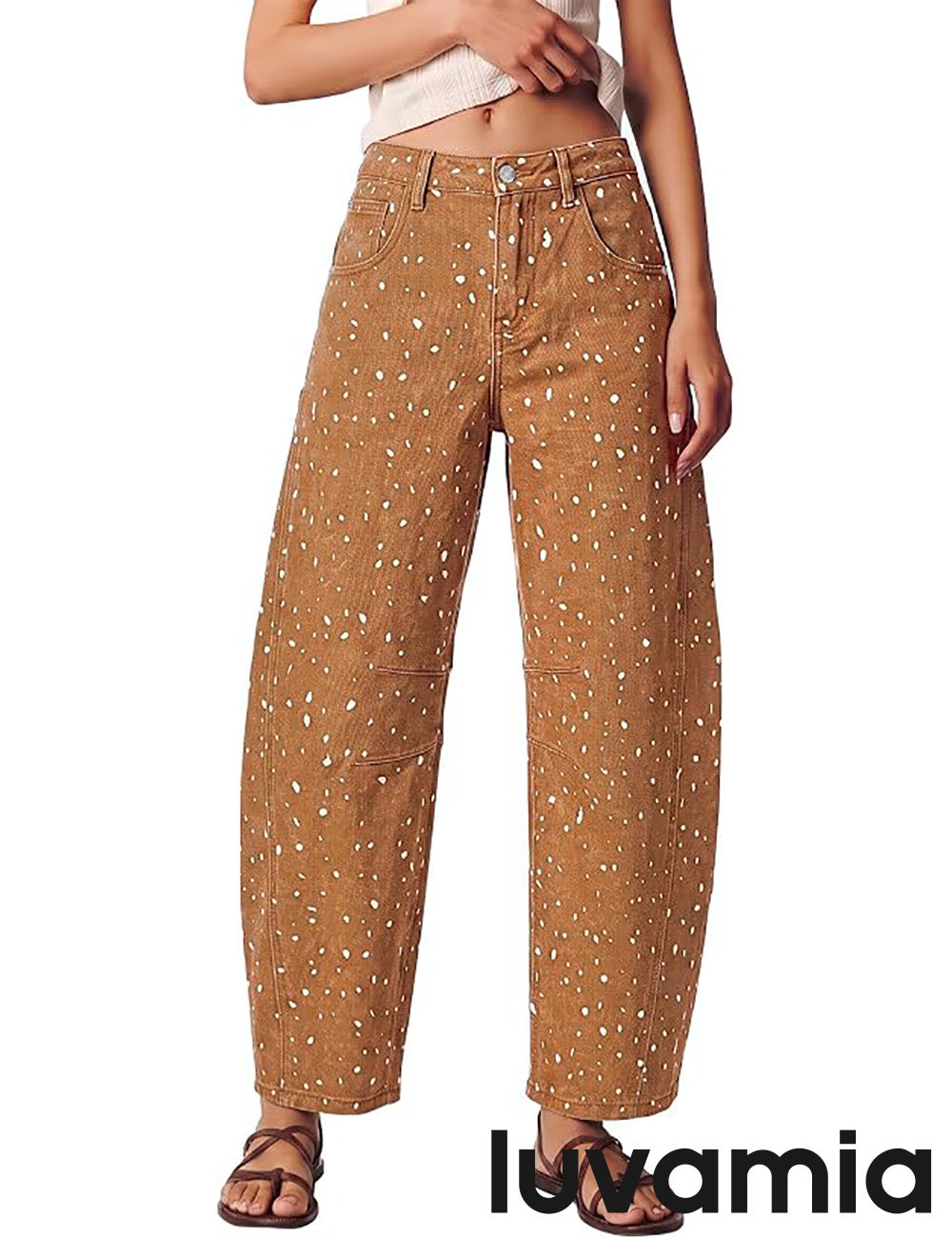 luvamia Barrel Jeans Women Deer Print High Waisted Patterned Denim Pants Knee Darts, 27.5