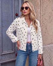 luvamia Jean Jacket Women Polka Dot Fall Stretch Denim Jacket With Pockets Classic Trucker Silhouette, Slightly Cropped Fit, Chest Flap Pockets, Button Front, Country Concert, Fall Outfits for Women