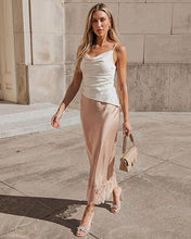 luvamia Satin Maxi Skirt Elastic Waist Lace Trim Long Slip Skirts for Women Long Satin Skirt, Silky Fabric, Bias Cut, Easy Pull On Elastic Waistband, Straight Silhouette, Lace Hem Slip Skirt
