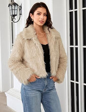 luvamia Faux Fur Jackets for Women Shaggy Crop Coats Fall Winter Outerwear Hook Closure, Long Sleeve, Lapel Collar, Date Night Outfit, Drop Shoulder, Clean Front Design, Long Pile Texture, Solid Color