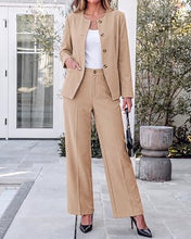 luvamia Pants Suits for Women Dressy 2 Piece Sets Business Casual Outfits Long Sleeve Collarless Blazers, Elastic Waist Wide Leg Pants, Adjustable Back Buckle‌, Professional Work Office Pantsuits