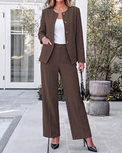 luvamia Pants Suits for Women Dressy 2 Piece Sets Business Casual Outfits Long Sleeve Collarless Blazers, Elastic Waist Wide Leg Pants, Adjustable Back Buckle‌, Professional Work Office Pantsuits