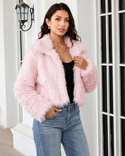 luvamia Faux Fur Jackets for Women Shaggy Crop Coats Fall Winter Outerwear Hook Closure, Long Sleeve, Lapel Collar, Date Night Outfit, Drop Shoulder, Clean Front Design, Long Pile Texture, Solid Color