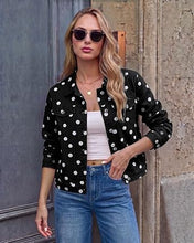 luvamia Jean Jacket Women Polka Dot Fall Stretch Denim Jacket With Pockets Classic Trucker Silhouette, Slightly Cropped Fit, Chest Flap Pockets, Button Front, Country Concert, Fall Outfits for Women