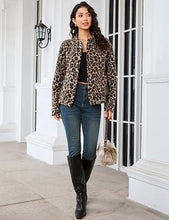 luvamia Women Leopard Print Bomber Jacket Oversized Wool Blend Fall Outfits Brushed, Cheetah, Animal Print Jackets, Stand Collar, Snap Button, Elastic Hem, Winter Coats with Pockets, Western Outfits