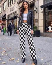 luvamia Checkered Pants Women High Rise Cinch-Waist Stretchy Wide Leg Jeans Adjustable Waist, Patterned Pants for Women, Baggy Jeans Y2K, Checkerboard Print, Alternative Clothes