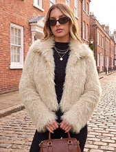 luvamia Faux Fur Jackets for Women Shaggy Crop Coats Fall Winter Outerwear Hook Closure, Long Sleeve, Lapel Collar, Date Night Outfit, Drop Shoulder, Clean Front Design, Long Pile Texture, Solid Color