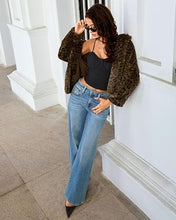 luvamia Women's Leopard Print Faux Fur Jackets Fluffy Furry Winter Coats Cheetah Animal Print Jackets, Oversized, Lapel, Snap Button, Inner Lining, Furry Winter Coats with Pockets, Western Outfits