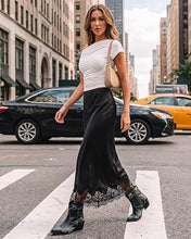 luvamia Satin Maxi Skirt Elastic Waist Lace Trim Long Slip Skirts for Women Long Satin Skirt, Silky Fabric, Bias Cut, Easy Pull On Elastic Waistband, Straight Silhouette, Lace Hem Slip Skirt