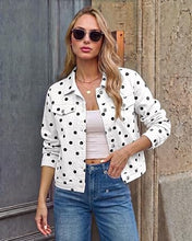 luvamia Jean Jacket Women Polka Dot Fall Stretch Denim Jacket With Pockets Classic Trucker Silhouette, Slightly Cropped Fit, Chest Flap Pockets, Button Front, Country Concert, Fall Outfits for Women