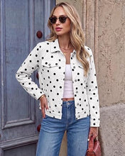 luvamia Jean Jacket Women Polka Dot Fall Stretch Denim Jacket With Pockets Classic Trucker Silhouette, Slightly Cropped Fit, Chest Flap Pockets, Button Front, Country Concert, Fall Outfits for Women