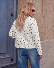 luvamia Jean Jacket Women Polka Dot Fall Stretch Denim Jacket With Pockets Classic Trucker Silhouette, Slightly Cropped Fit, Chest Flap Pockets, Button Front, Country Concert, Fall Outfits for Women