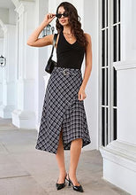 luvamia Plaid Midi Skirts for Women High Waist A-Line Fall Skirt with Belt Front Slit Opening, Asymmetrical Front Hem, Overlapping Front Panel, Diagonal Plaid Pattern, Back Elastic Waist, Fall Outfits
