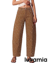 luvamia Barrel Jeans Women Deer Print High Waisted Patterned Denim Pants Knee Darts, 27.5" Inseam, Stretchy, Patterned Pants, Deer Fawn Print, Baggy Jeans Y2K, Speckled Dots, Concert Outfits Women