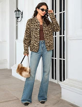 luvamia Women Leopard Print Bomber Jacket Oversized Wool Blend Fall Outfits Brushed, Cheetah, Animal Print Jackets, Stand Collar, Snap Button, Elastic Hem, Winter Coats with Pockets, Western Outfits
