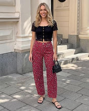 luvamia Barrel Jeans Women Deer Print High Waisted Patterned Denim Pants Knee Darts, 27.5" Inseam, Stretchy, Patterned Pants, Deer Fawn Print, Baggy Jeans Y2K, Speckled Dots, Concert Outfits Women