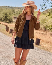 luvamia Faux Suede Jackets Women Oversized Cropped Funnel Neck Zip Up Coats Soft Faux Suede, Stand Collar, Loose Fit, Front Zipper, Modern Bomber Silhouette & Adjustable Hem, Fall Essential Outerwear