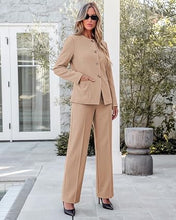 luvamia Pants Suits for Women Dressy 2 Piece Sets Business Casual Outfits Long Sleeve Collarless Blazers, Elastic Waist Wide Leg Pants, Adjustable Back Buckle‌, Professional Work Office Pantsuits